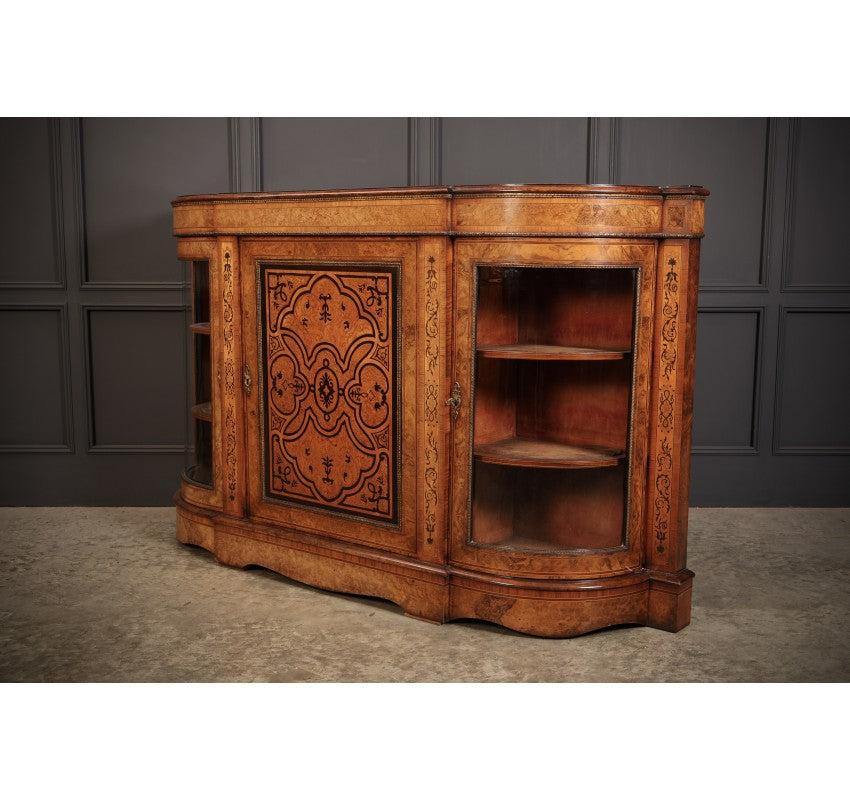 Victorian Burr Walnut Marquetry Inlaid Credenza