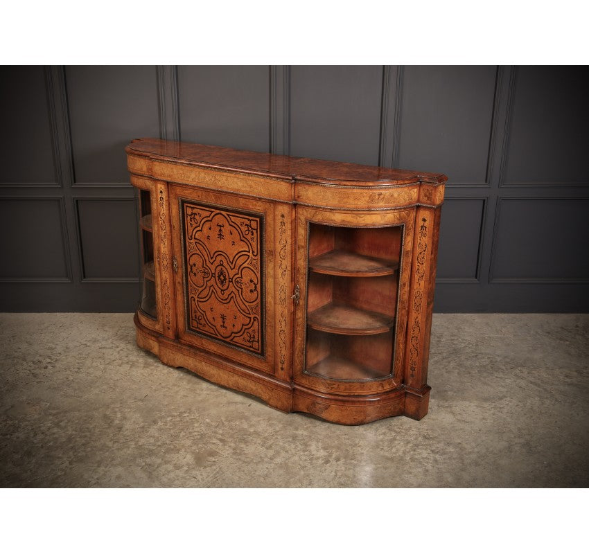 Victorian Burr Walnut Marquetry Inlaid Credenza