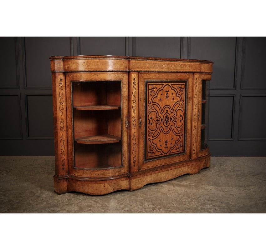 Victorian Burr Walnut Marquetry Inlaid Credenza