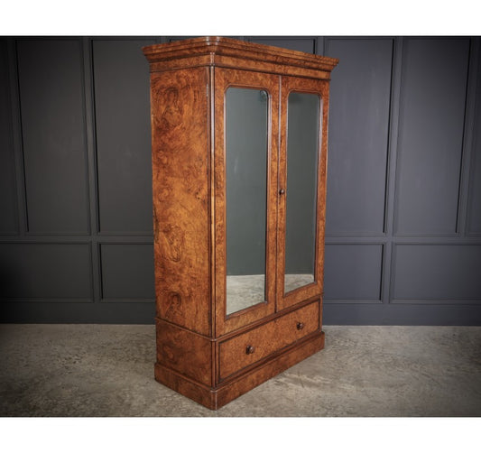 Victorian Burr Walnut Mirrored Linen Press