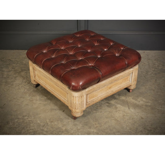 Victorian Light Oak & Brown Buttoned Leather Footstool