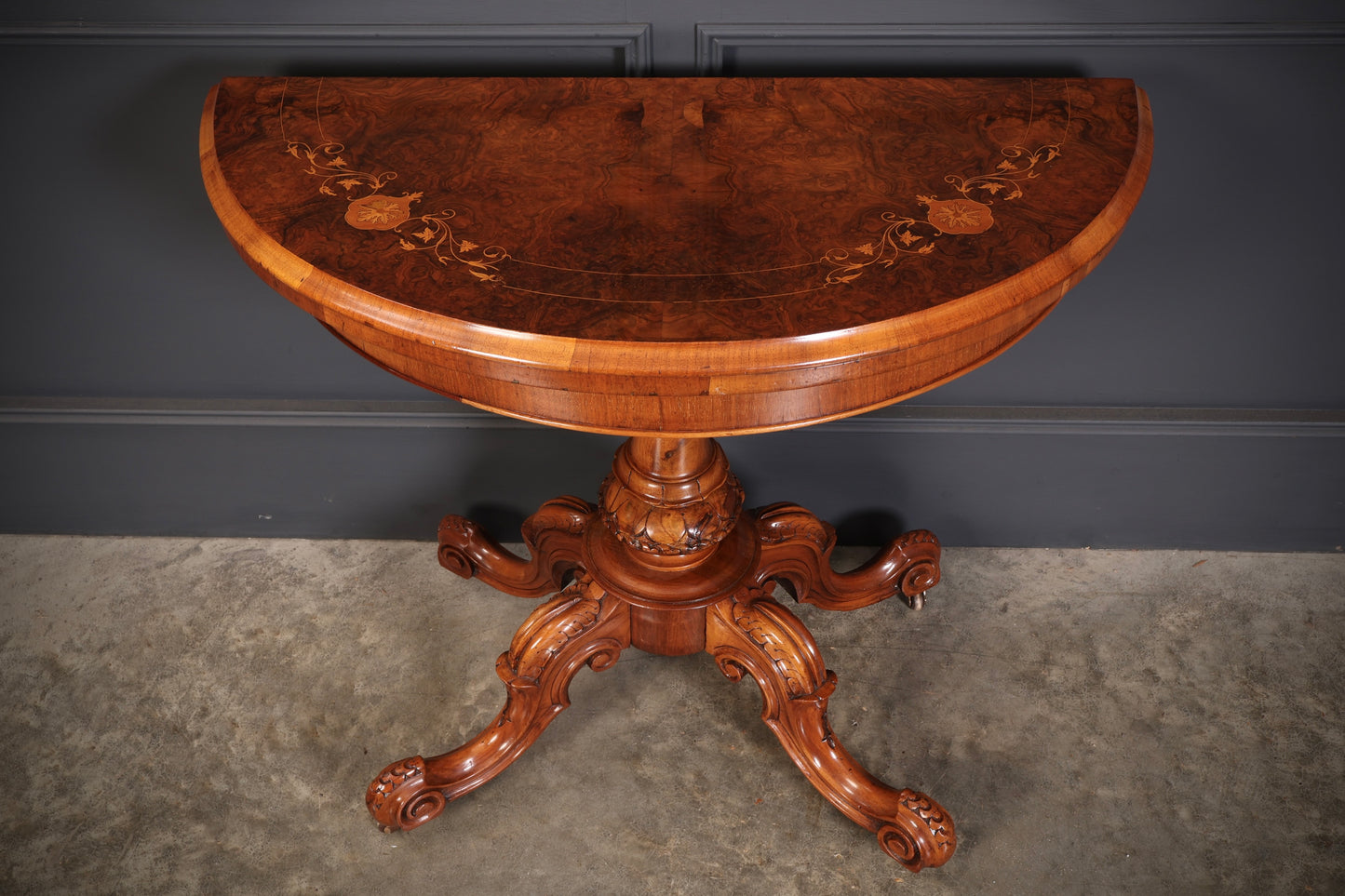 Victorian Marquetry Inlaid Burr Walnut Card Table