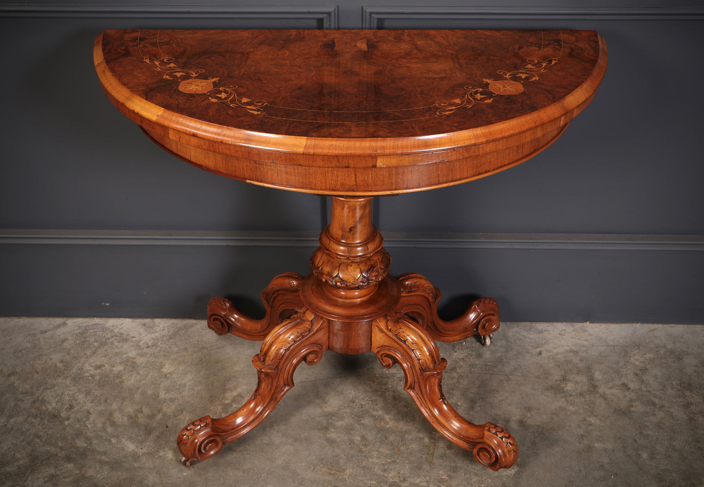 Victorian Marquetry Inlaid Burr Walnut Card Table