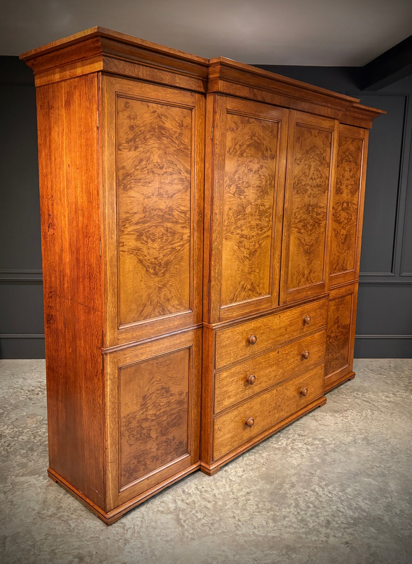 Victorian Pollard Oak Breakfront Wardrobe