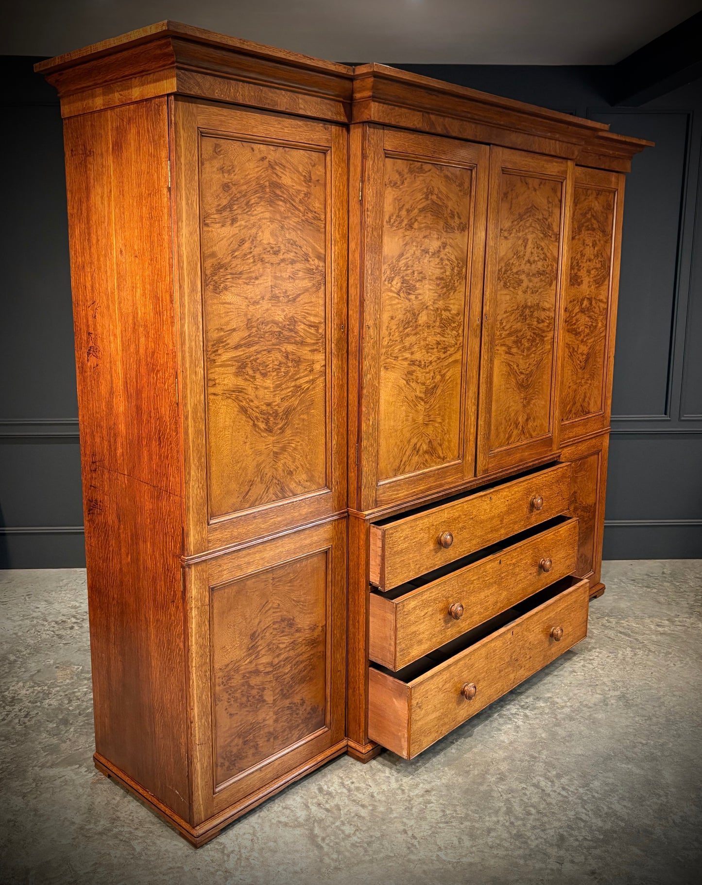 Victorian Pollard Oak Breakfront Wardrobe