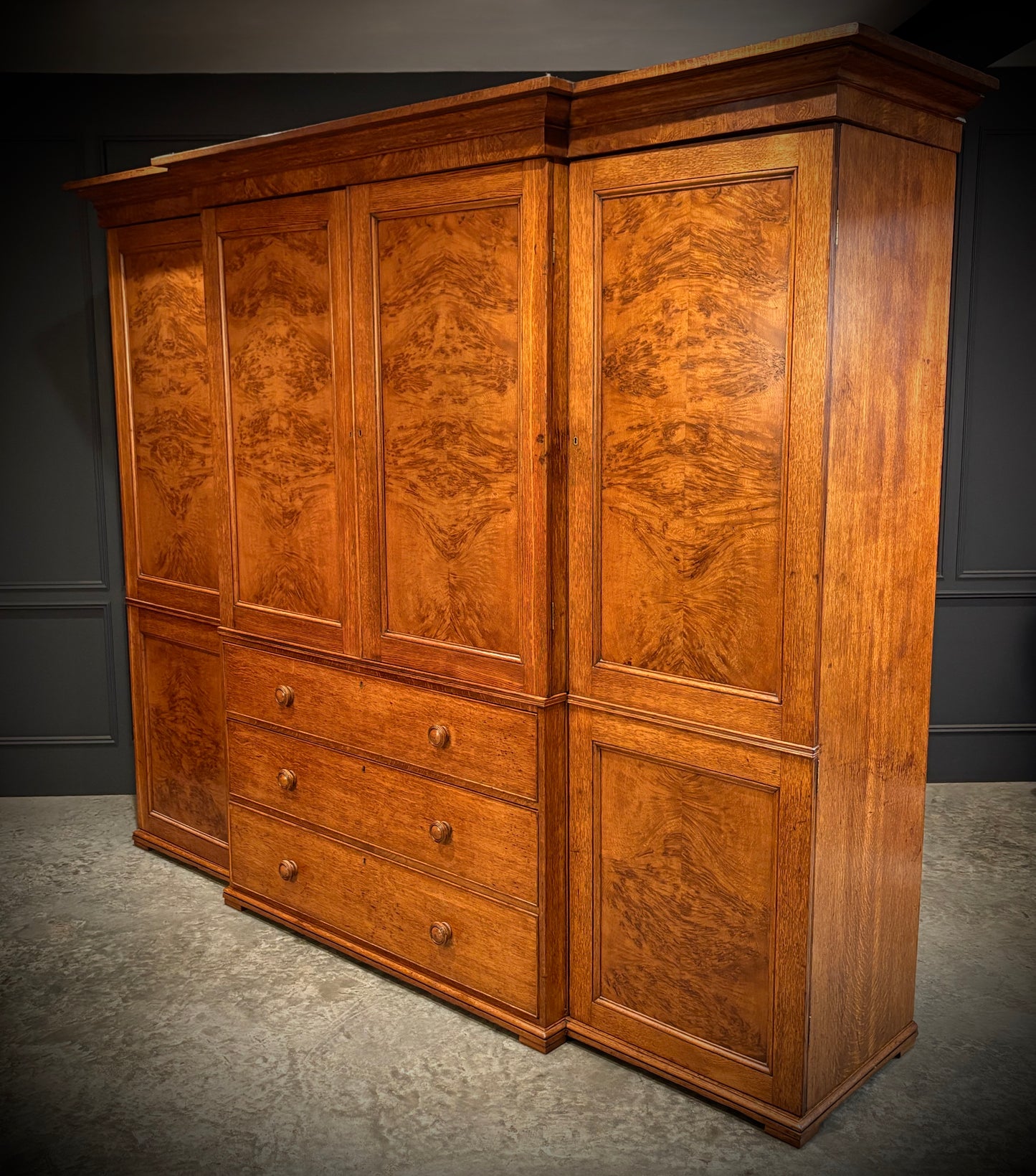 Victorian Pollard Oak Breakfront Wardrobe